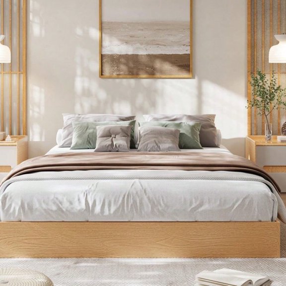 Modern Low-Profile Platform Bed Frame, Floor-Standing Bed Frame, Wood Platform Bed Without Headboard, Wood Slat Support, No Box Spring Needed,for Apartments, Bedroom, Small Spaces