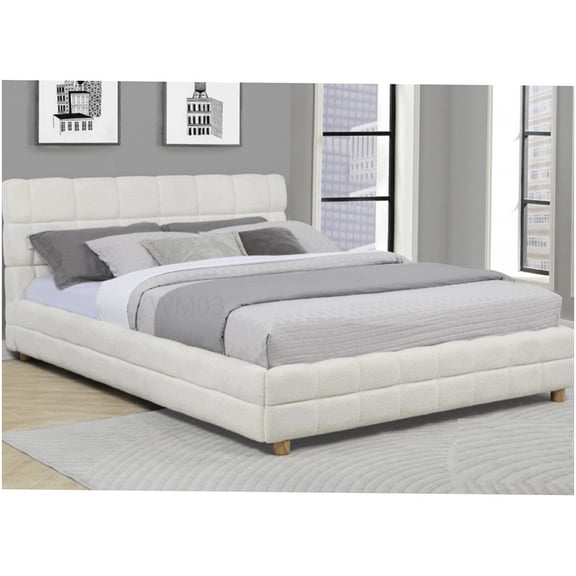 Modern Low Profile Queen Bed Frame with Upholstered Grid Headboard, No Box Spring Needed Platform Bed, Fleece Fabric, Easy Assembly, White
