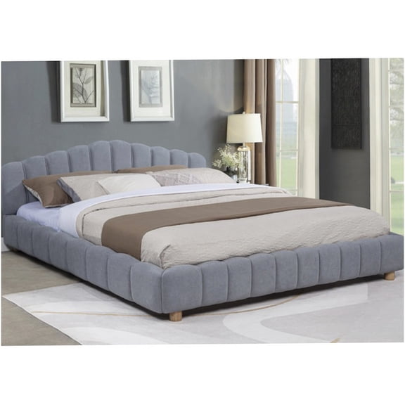 Modern Low Profile Queen Bed Frame with Upholstered Headboard, Light Blue Velvet Platform Bed, No Box Spring Needed
