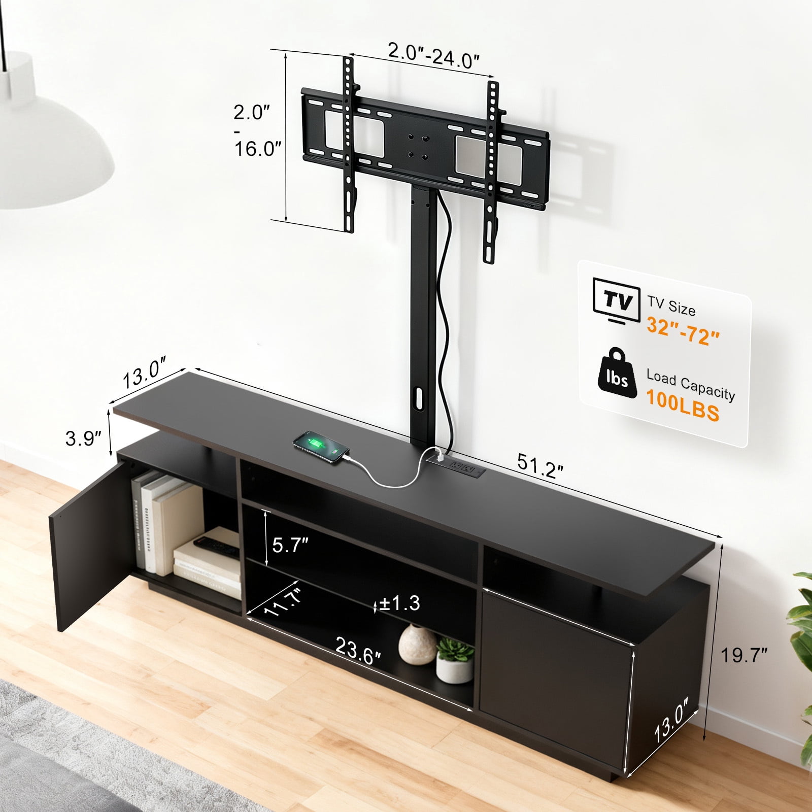 Modern Low-Profile TV Stand with Integrated Power Outlet, Rotatable ...