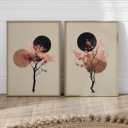 Modern Lunar Japandi Sakura Tree Minimalist Zen Nature Wabi Sabi Japanese Botanical Set 2 Stretched Canvas