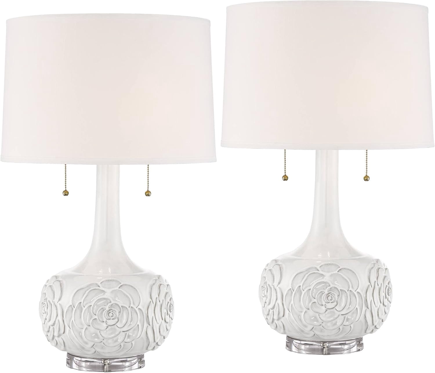 Modern Luxe Country Cottage Table Lamps Set of 2 White Floral Ceramic ...