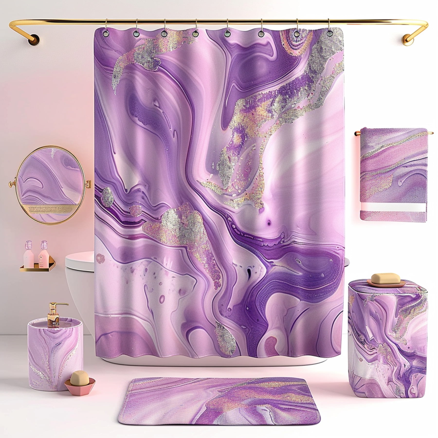 Modern Luxe Purple and Pink Marble Bathroom Set with Glitter Accents