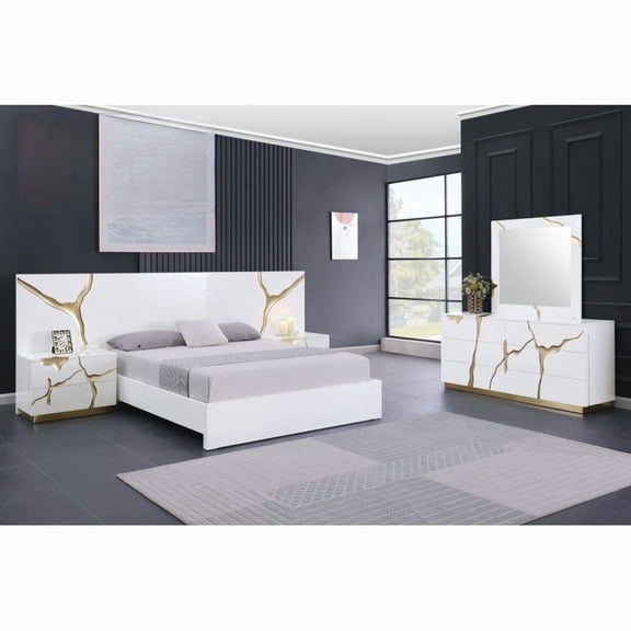 Modern Luxurious 5-Piece California King Bedroom Set, High Gloss Finish Wood Bed Set with Gold Vein Accent, White