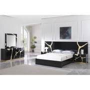 Modern Luxurious 5-Piece Eastern King Bedroom Set, High Gloss Finish Wood Bed Set with Gold Vein Accent, Black