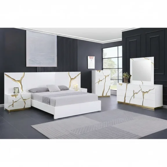 Modern Luxurious 6-Piece California King Bedroom Set, High Gloss Finish Wood Bed Set with Gold Vein Accent, White