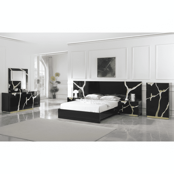 Modern Luxurious 6-Piece Queen Size Bedroom Set, High Gloss Finish Wood Bed Set with Gold Vein Accent, Black