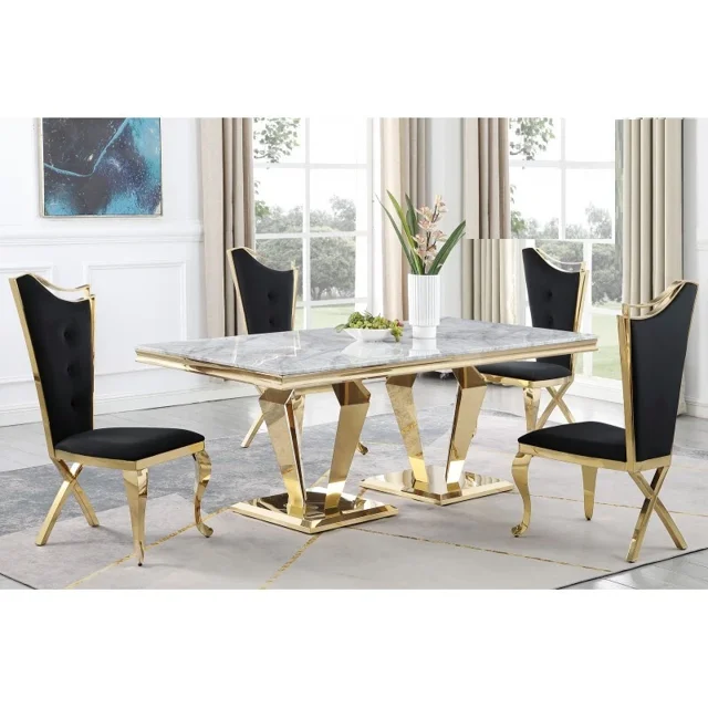 Modern Luxurious Dining 5Pc Set, Marble Top Dining Table and Black ...