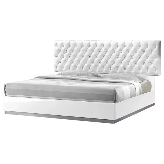 Modern Luxurious Eastern King Platform Bed with Crystal Tufted Headboard, White Lacquer Finish