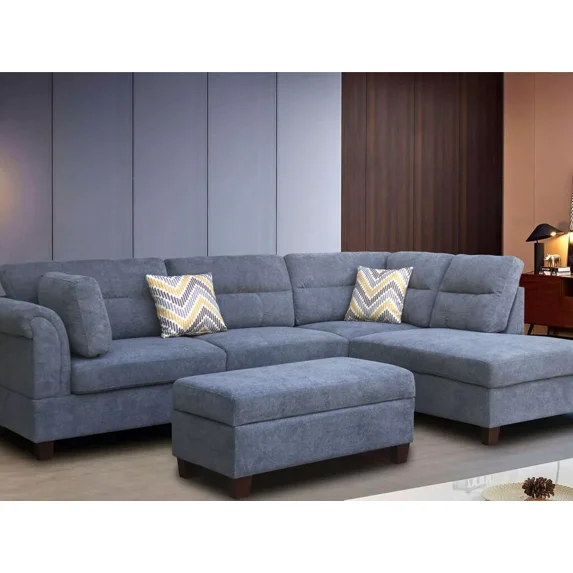 Modern Luxury 3pcs Sectional Set Gray Sofa Chaise Storage Ottoman Plush Upholstered Tufted Back Cushion L-Shape Sofa