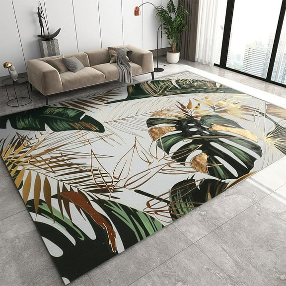 Modern Luxury Area Rugs, Gold Green Tropical Rainforest Plants Monstera Palm Leaf Print Rugs, Soft Comfy Durable Non-Slip Carpet for Indoor Hotel Room Decor Mats 2ft x 3ft