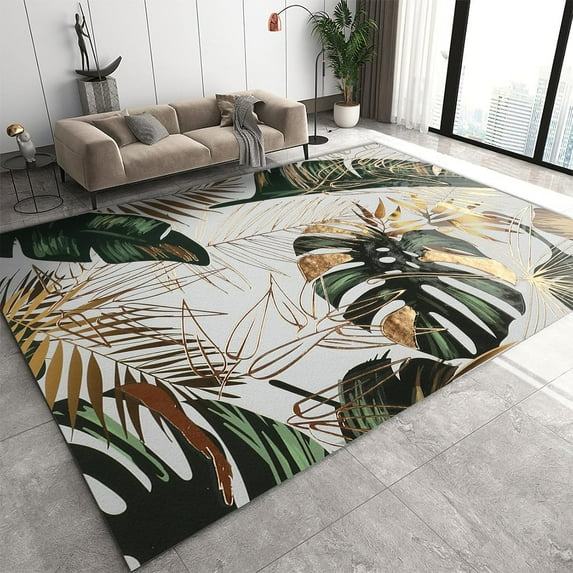 Modern Luxury Area Rugs, Gold Green Tropical Rainforest Plants Monstera Palm Leaf Print Rugs, Soft Comfy Durable Non-Slip Carpet for Indoor Hotel Room Decor Mats 3ft x 4ft