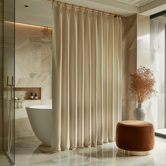 Modern Luxury Bathroom Shower Curtain Set Beige Fabric with Gold ...