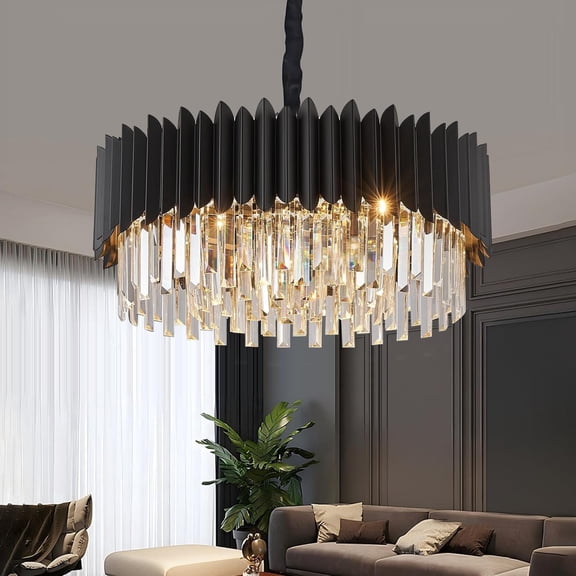 Modern Luxury Black Crystal Chandelier 24 Inches, Adjustable Suspension Chain Ceiling Light Fixture, Dimmable LED Crystal Pendant Lamp for Large Living Space Farmhouse Entryway