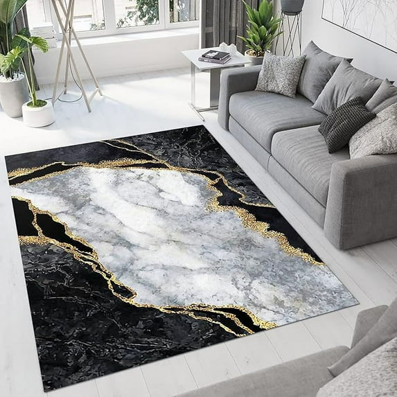 Modern Luxury Black White Gold Marble Art Rug, Nordic Home Floor Decor Area Rug, Soft Non Slip Absorbent Easy Clean Washable Carpet For Living Room Bedroom Entryway Kitchen 3 x 5ft
