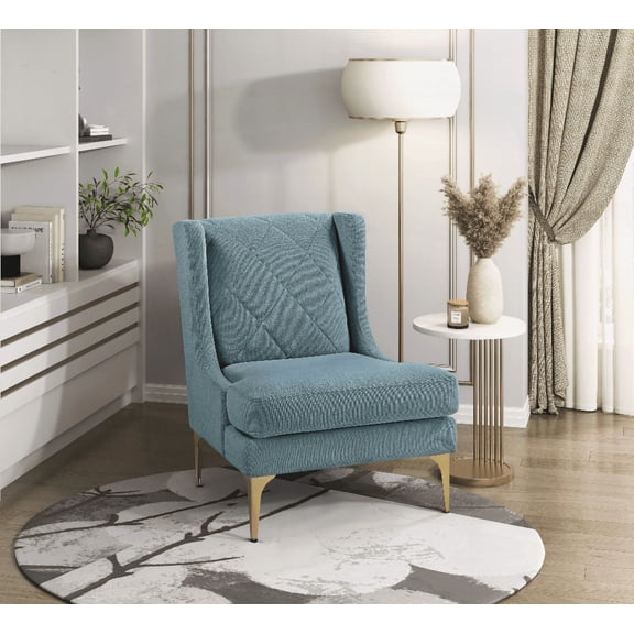 Modern Luxury Blue Chenille 1pc Wingback Chair with Gold Finish Metal Legs and Pocket Coils