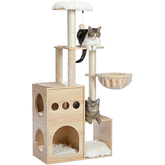 Modern Luxury Cat Tree Wooden Multi-Level Cat Tower Cat Sky Castle with 2 Cozy Condos, Cozy Perch, Spacious Hammock and Interactive Dangling Ball