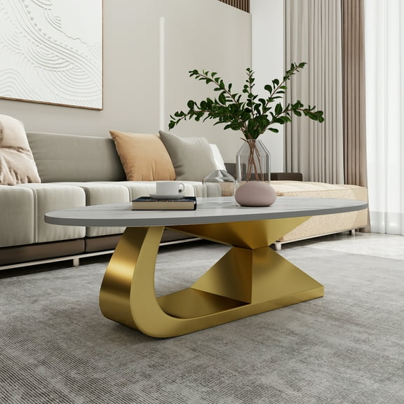Modern Luxury Coffee Table Faux Marble Top with Abstract Gold Metal Base Minimalist Living Room Centerpiece for Apartments & Condos