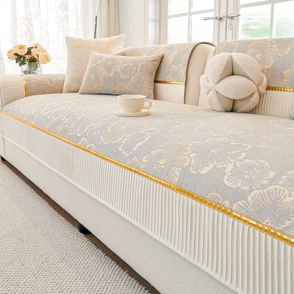 Modern Luxury Elegant Couch Cover, Soft Floral Leaf Chenille Sofa Cover, Non-Slip Washable Fits Various Sectional Sofa, Pet Kid-Friendly Furniture Protector,Gray-2pc 27"x35"