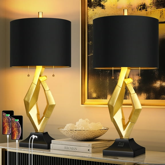 25.5in Gold Nightstand Resin Lamps with Black Shades, Contemporary Table Lamps for Bedside End Tables, 4 Bulbs Included (Gold)