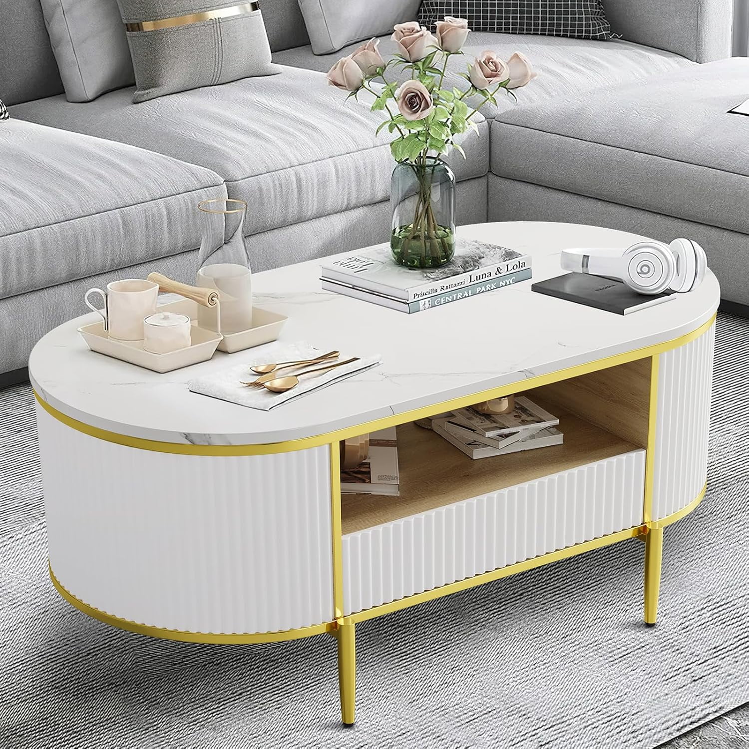 White and Gold Oval Wood Coffee Table with Faux Marble Top and Storage