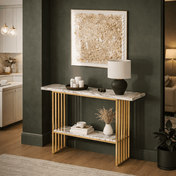 Modern Luxury Gold Metal Frame Console Table , Chic Entryway Table with Storage Shelf for Living Room Decor