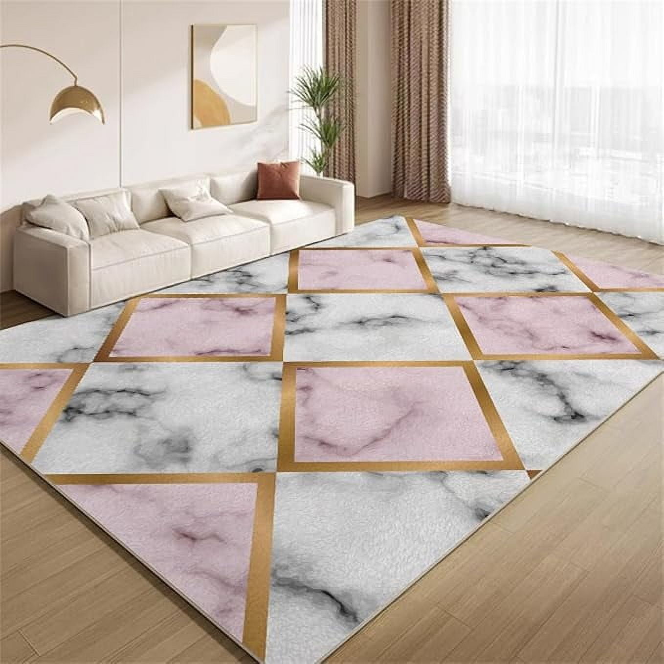 Modern Luxury Gold Pink Geometry Area Rug, Abstract Gray Black Marble ...
