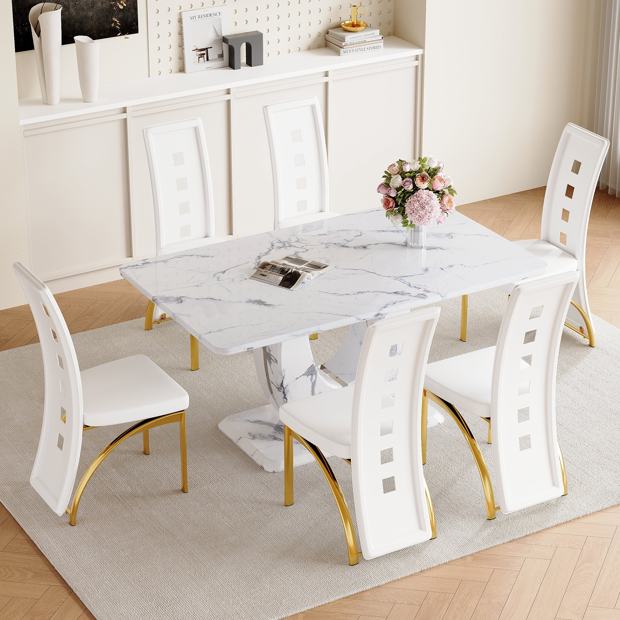 Modern Luxury Grayish White Marble Dining Table Set for 6 - 63"x37" MDF ...