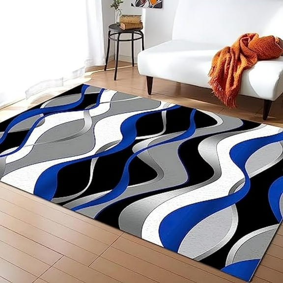 Modern Luxury Home Area Rug, Abstract Blue Gray Black And White Wavy Stripes Non Slip Print Rugs, Machine Washable Carpet For Indoor Living Room Bedroom Office Decor Mat 5x6ft