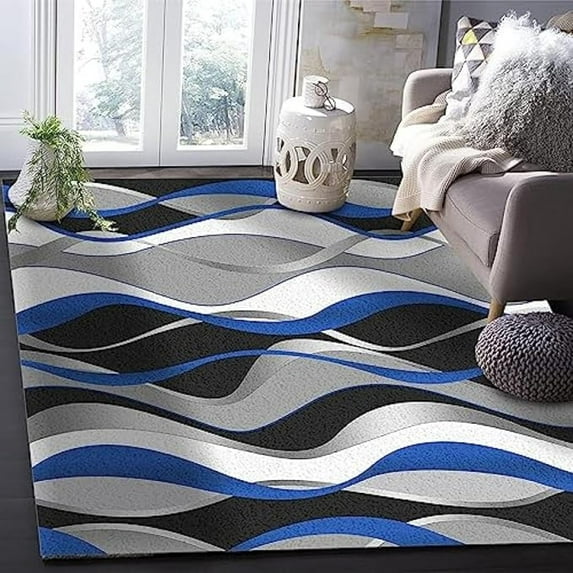 Modern Luxury Home Decor Indoor Area Rugs, Abstract Blue Gray Black And White Wavy Stripes Area Rug, Non Slip Washable Foldable Large Carpet For Sofa Living Room Bedroom Entryway 4x6ft
