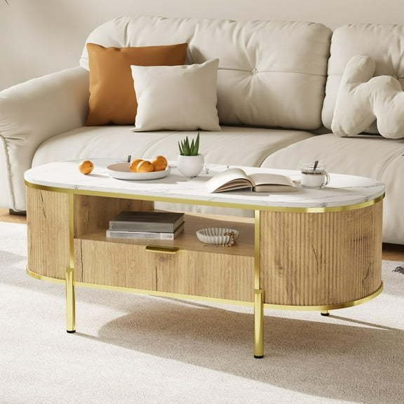 Modern Luxury Oval Coffee Table with Drawer, 48" Fluted Coffee Table with Faux Marble Top, Curved Profile Design, Gold Metal Decor, Center Table for Living Room- Natural Oak