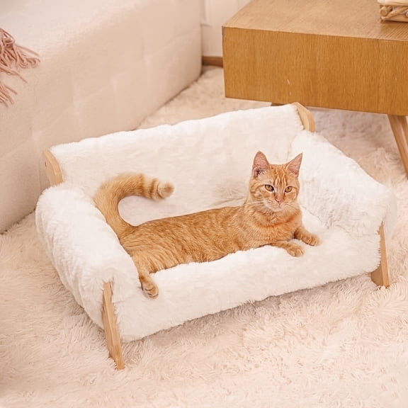 Modern Luxury Plush Cat Sofa, Removable Washable Raised Pet Lounge Chair, Light Gray