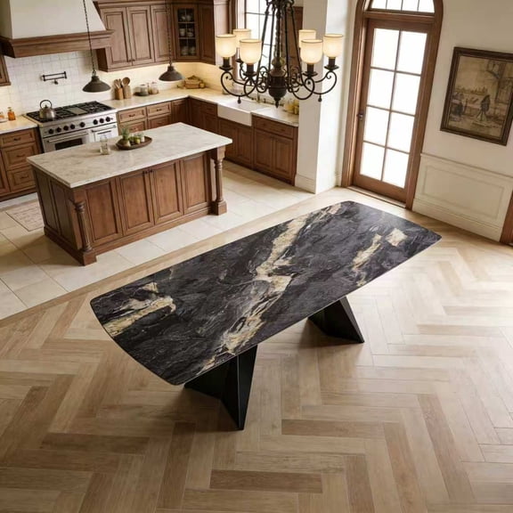 Modern Luxury Rectangular Dining Table,65"-95" Marble-Look Sintered Stone Top,Special-shaped Metal Base,Scratch-resistant, durable and easy to clean,6-10 seater Large Table for Dining Room,Black Gold