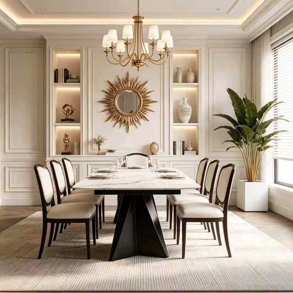 Modern Luxury Rectangular Dining Table,65"-95" Marble-Look Sintered Stone Top,Special-shaped Metal Base,Scratch-resistant, durable and easy to clean,6-10 seater Large Table for Dining Room,Satinwhite