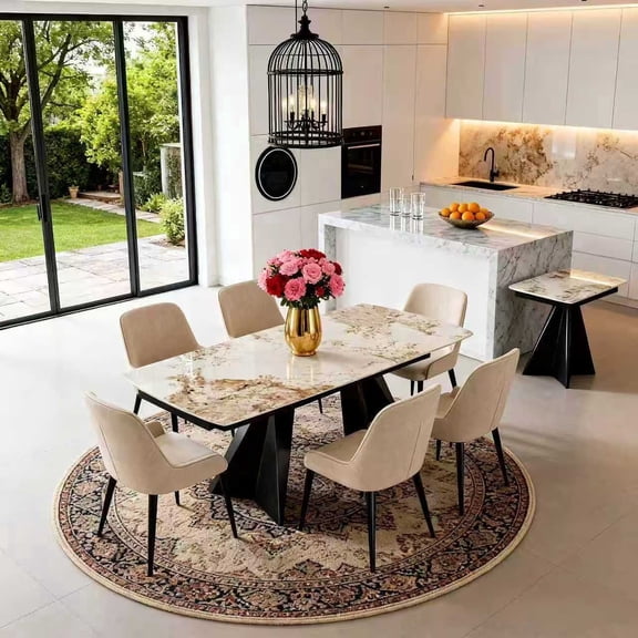 Modern Luxury Rectangular Dining Table,65"-95" Marble-Look Sintered Stone Top,Special-shaped Metal Base,Scratch-resistant, durable and easy to clean,6-10 seater Large Table for Dining Room,Pandora