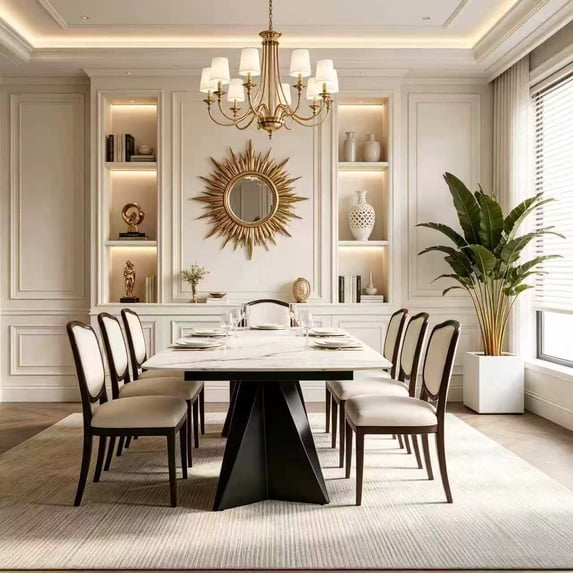 Modern Luxury Rectangular Dining Table,65"-95" Marble-Look Sintered Stone Top,Special-shaped Metal Base,Scratch-resistant, durable and easy to clean,6-10 seater Large Table for Dining Room,Satinwhite