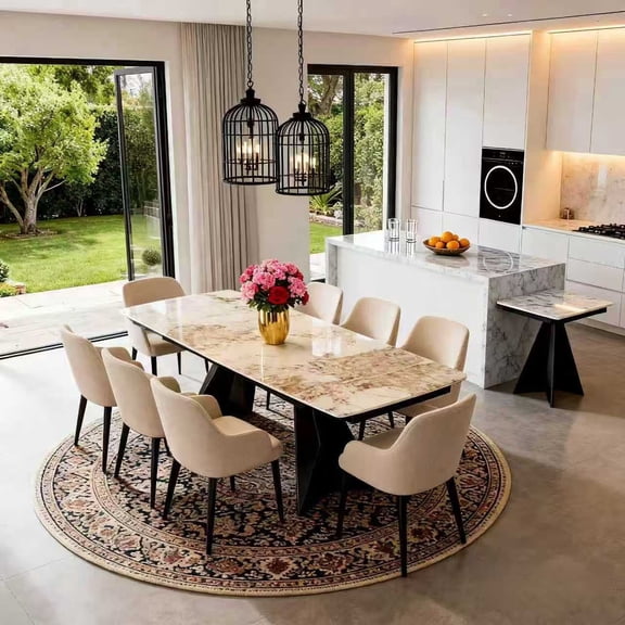 Modern Luxury Rectangular Dining Table,78"-110" Marble-Look Sintered Stone Top,Special-shaped Metal Base,Scratch-resistant, Durable and Easy to Clean,8-12 seater Large Table for Dining Room,Pandora