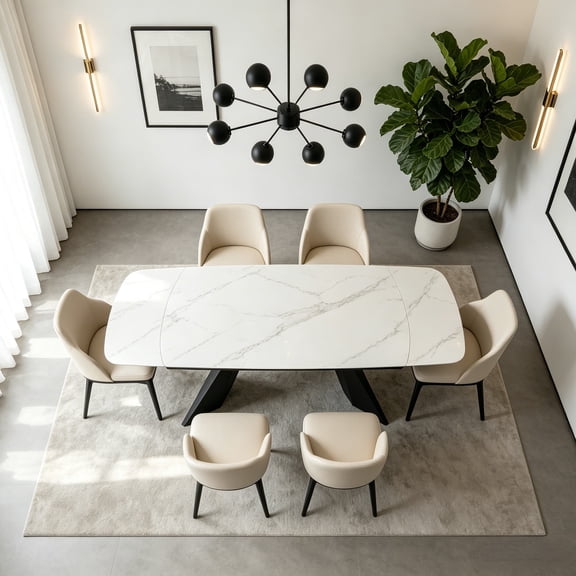 Modern Luxury Rectangular Dining Table,78"-110" Marble-Look Sintered Stone Top,Special-shaped Metal Base,Scratch-resistant, durable and easy to clean,8-12 seater Large Table for Dining Room,White