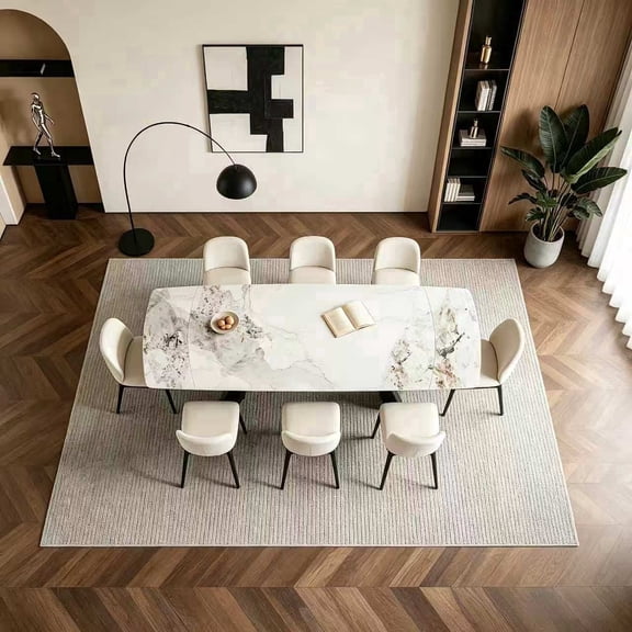 Modern Luxury Rectangular Dining Table,78"-110" Marble-Look Sintered Stone Top,Special-shaped Metal Base,Scratch-resistant, durable and easy to clean,8-12 seater Large Table for Dining Room,Ink