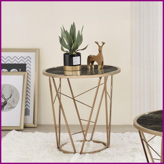 Modern Luxury Round Coffee Table - Faux Marble Glass Top, Champagne Metal Base, Easy-Clean Statement Piece