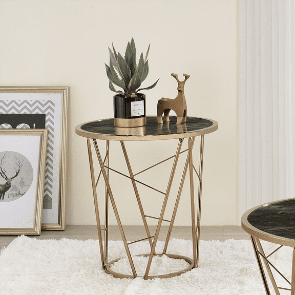 Modern Luxury Round End Table with Black and Champagne Finish - Faux Marble Tempered Glass Top & Cone Base Metal Frame