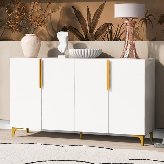Modern Luxury Sideboard with Gold Metal Handles & Legs, Wood Accent Entryway Console Table, 55'' Large Storage Cabinet with Adjustable Shelf for Living Room Kitchen