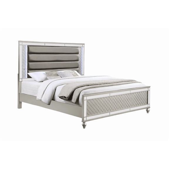 Modern Luxury Stunning Silver Finish 1pc Queen Side Panel Bed Plush Channel Tufted Integrated LED Lighting