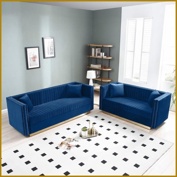 Modern Luxury Velvet 2pc Sofa Loveseat Set Vertical Channel Tufted Couch with 4 Pillows for Living Room/Apartment, Blue