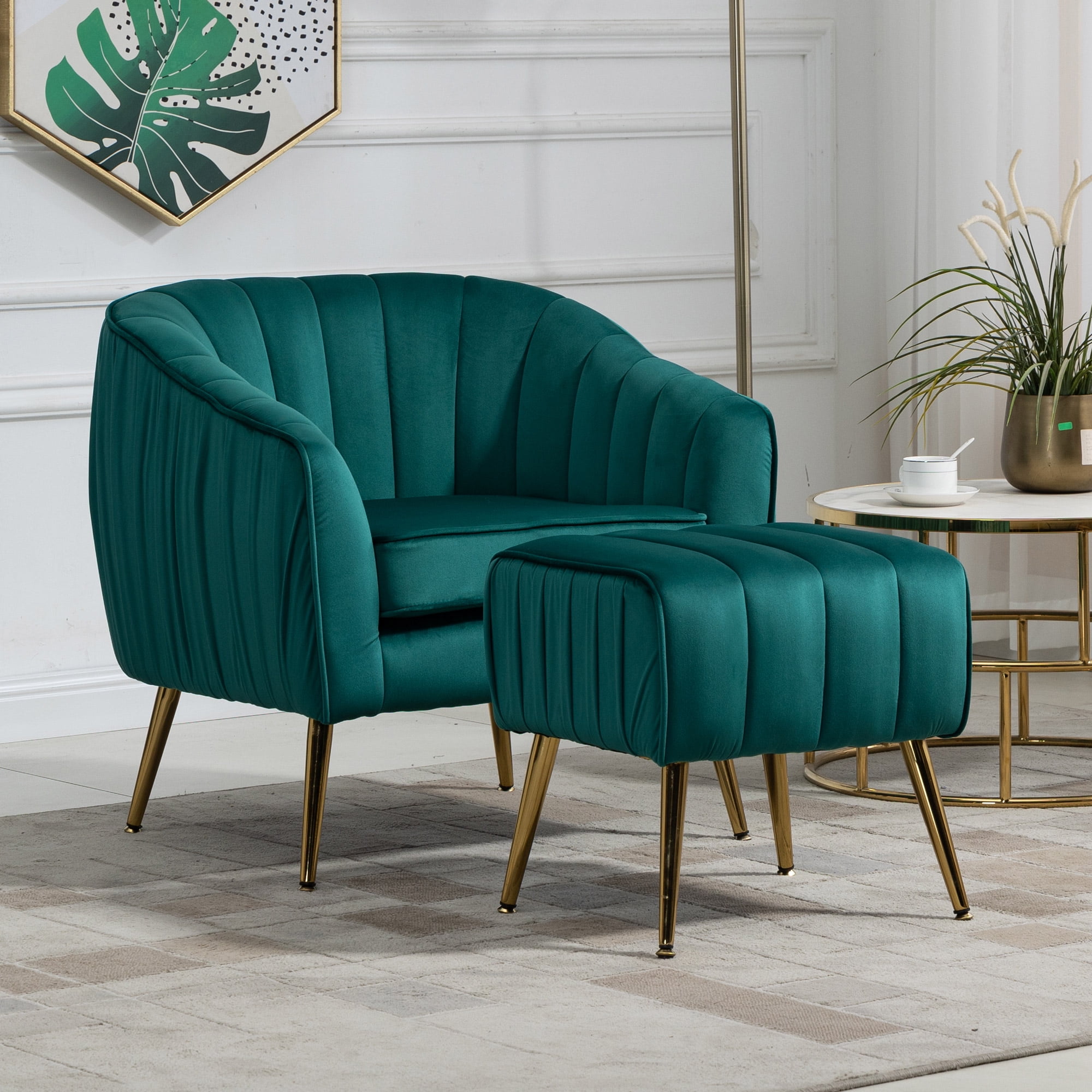 Modern Luxury Velvet Accent Chair with Ottoman, Tufted Barrel Chair ...
