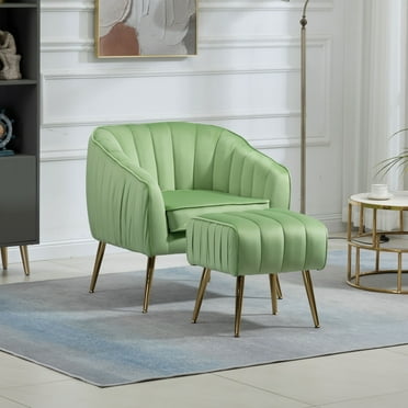 Modern Luxury Velvet Accent Chair with Ottoman, Tufted Barrel Chair Armchair Ottoman Set Golden Metal Legs for Living Room Bedroom Office
