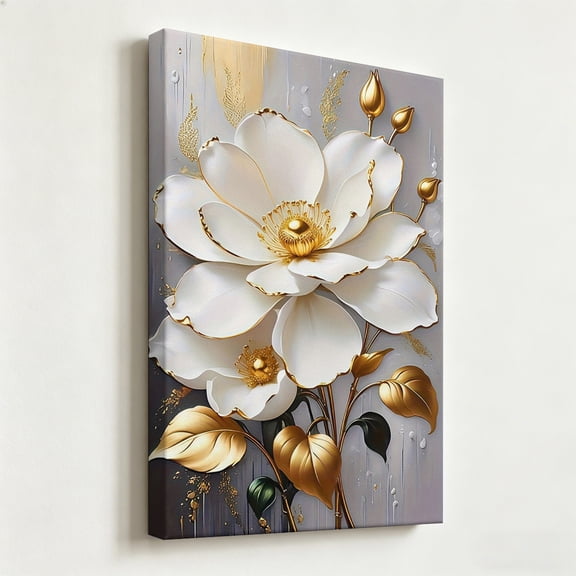 "Modern Luxury White Magnolia and Gold Accents"Elegant Canvas Art, Metallic Gilt Botanical Painting Print, Matte Finish Gallery Wrapped Upscale Wall Decor 8*12
