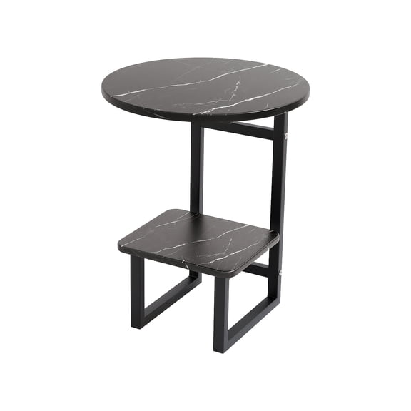 Modern Luxury Wrought Iron & Wood Side Table with Marble-Patterned Top - Space-Saving Coffee Table with Storage Shelf, Black Metal Frame - Compact for Small Spaces