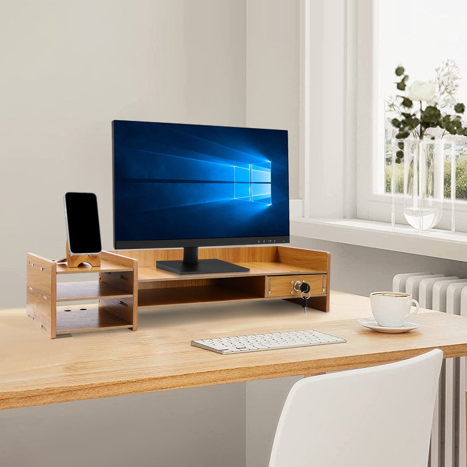 28 Inch Computer Stand Modern MDF Computer Monitor Stand with 180° Adjustable Height, Large ...