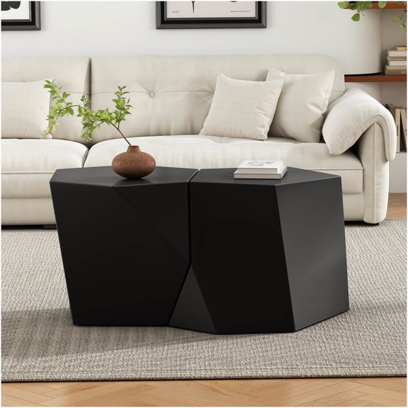 Modern MGO Coffee Table Set of 2, Geometric Side Tables for Living Room, Black Accent Tables with Adjustable Feet, No Assembly Required